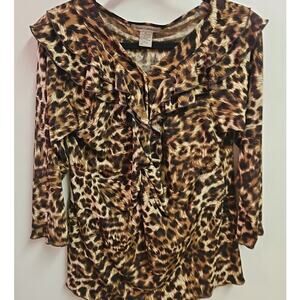 Susan Lawrence Ruffle Blouse XL Animal Print Long Sleeve Poet Blouse